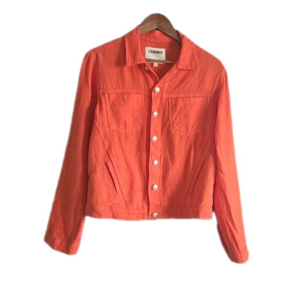 L’Agence Celine Orange Linen Button Front Utility Trucker Jacket Size Large